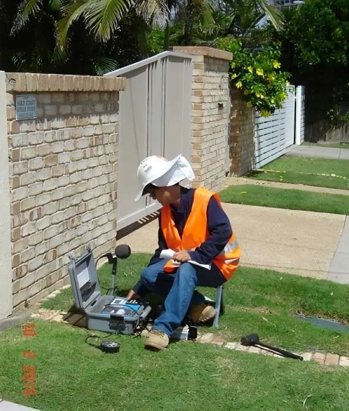 Engineer operating ground vibration monitoring instruments during soil testing